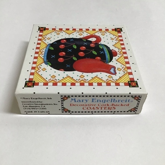 Mary Engelbreit Teapot Coasters Cork Back 4” Square Box SET OF 6 Vintage Cottage - Picture 14 of 16